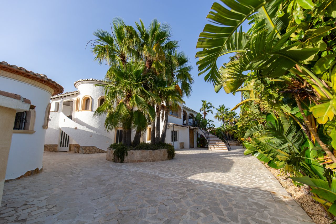 Sand-coloured drive lined with tall palms at the entrance